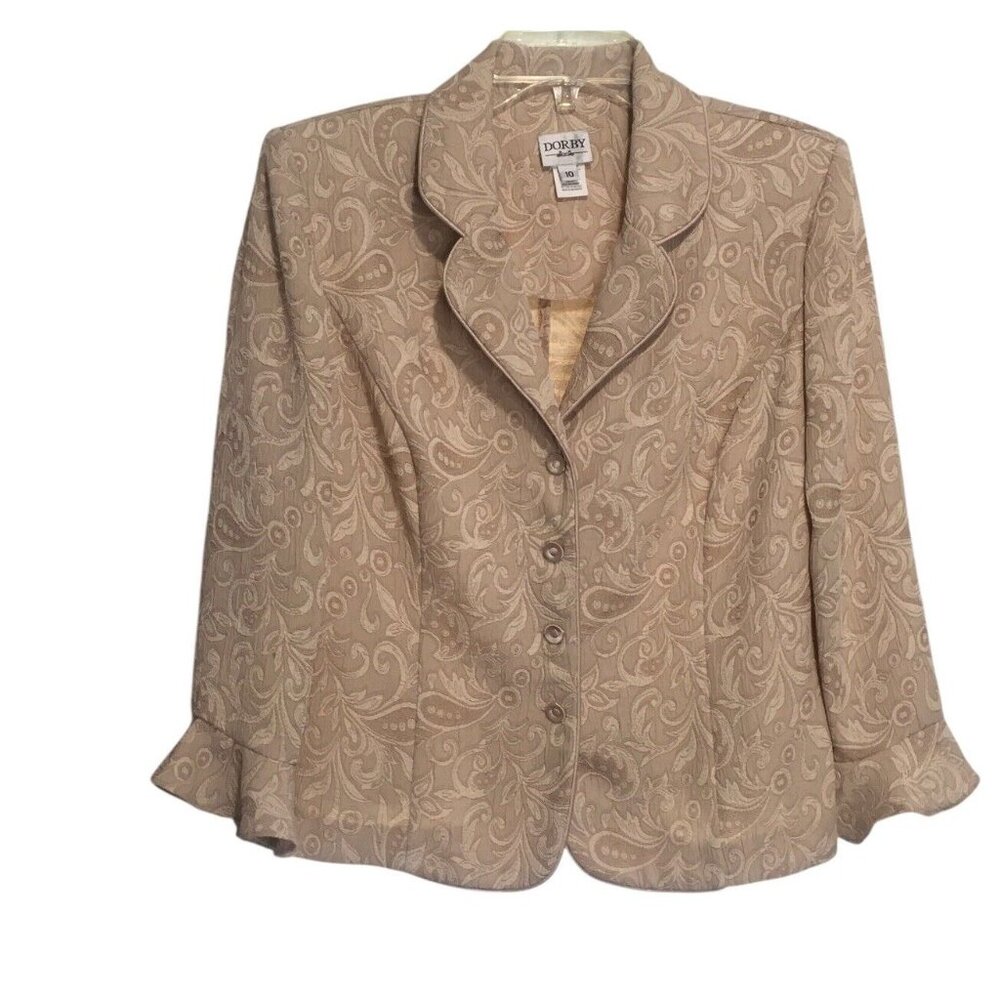 Dorby Paisley Dressy Blazer Jacket Champagne Jacquard Beige Ruffle Sleeve Sz 10